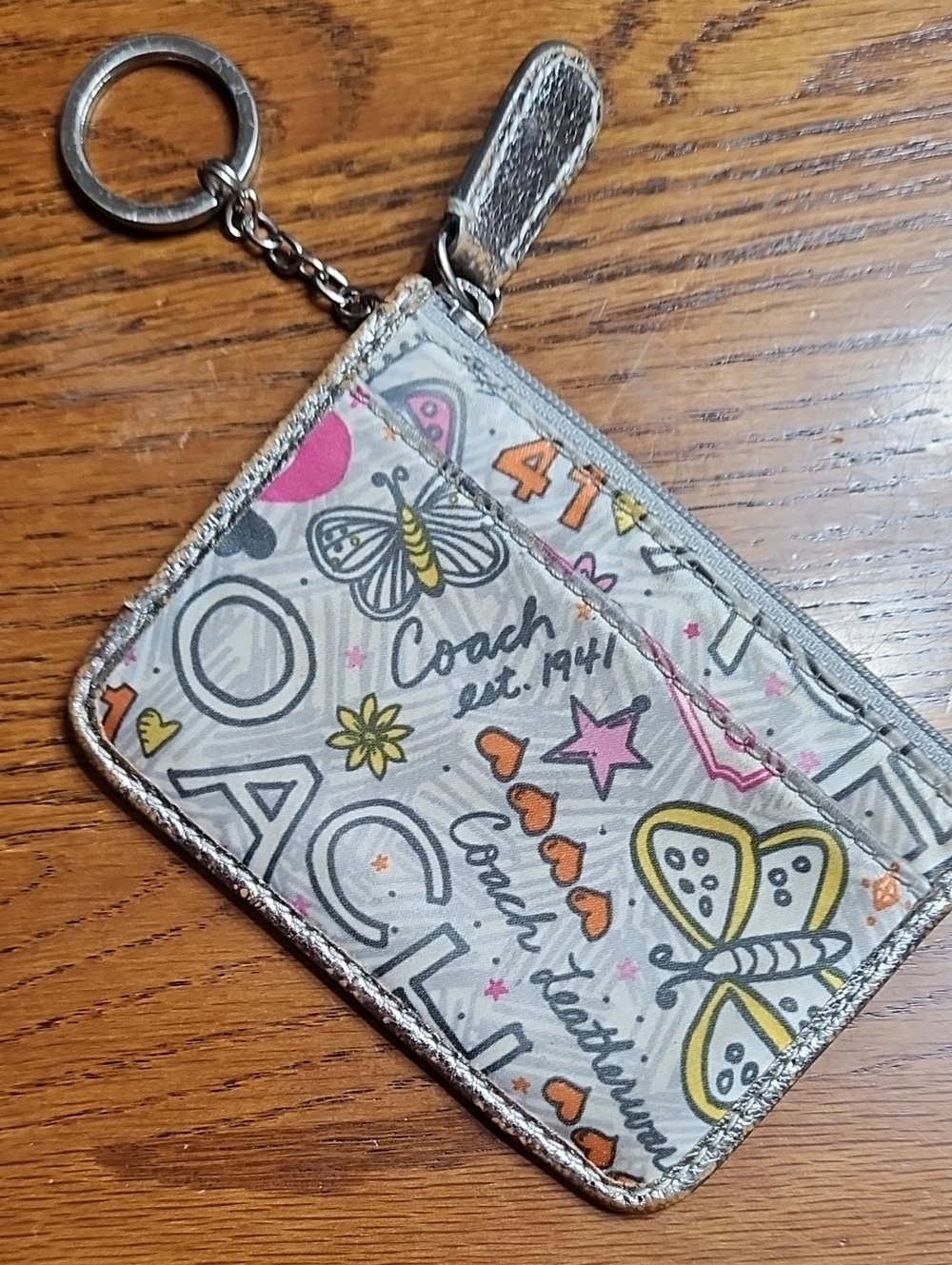 Coach Limited Edition Poppy Graffit Card Case Keyring in Gray, Pink, Yellow